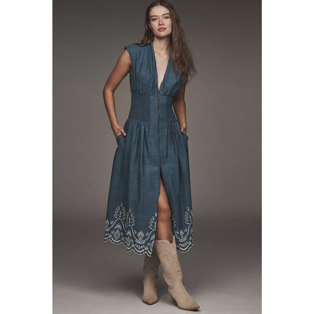by ANTHROPOLOGIE sz L The Tommie cap sleeve zip dress eyelet edition in denim